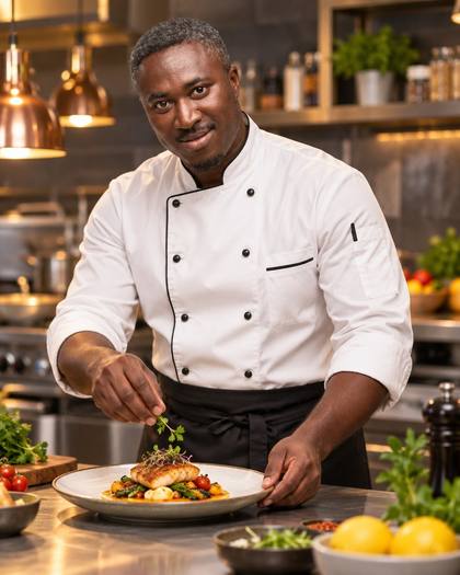 Met en scène un professionnel de cuisine dans un environnement maîtrisé.