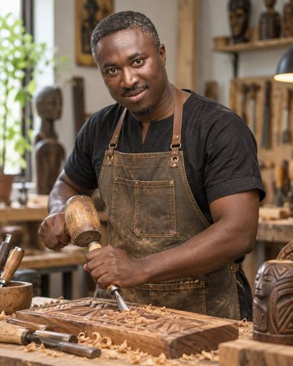 Valorise une personne dans son atelier avec outils et savoir-faire visibles.